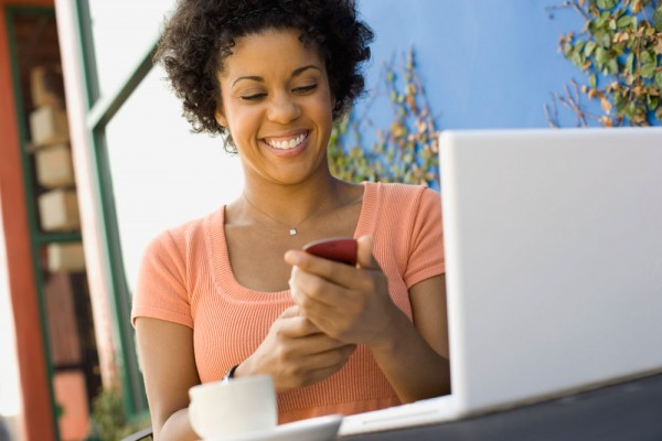 happy woman texting